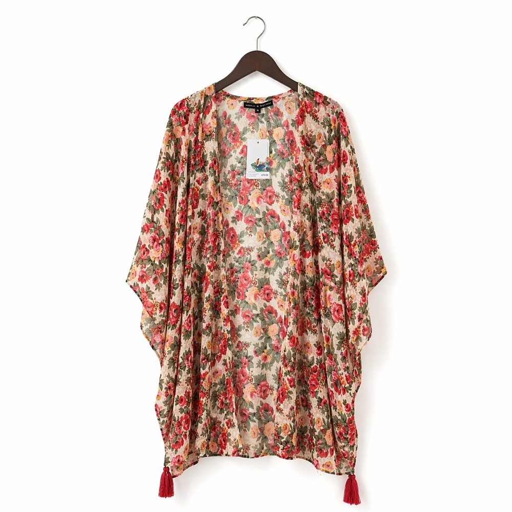 America & Beyond NWT MEDIUM Floral Tassel Kimono Wrap Womens Boho Cottagecore